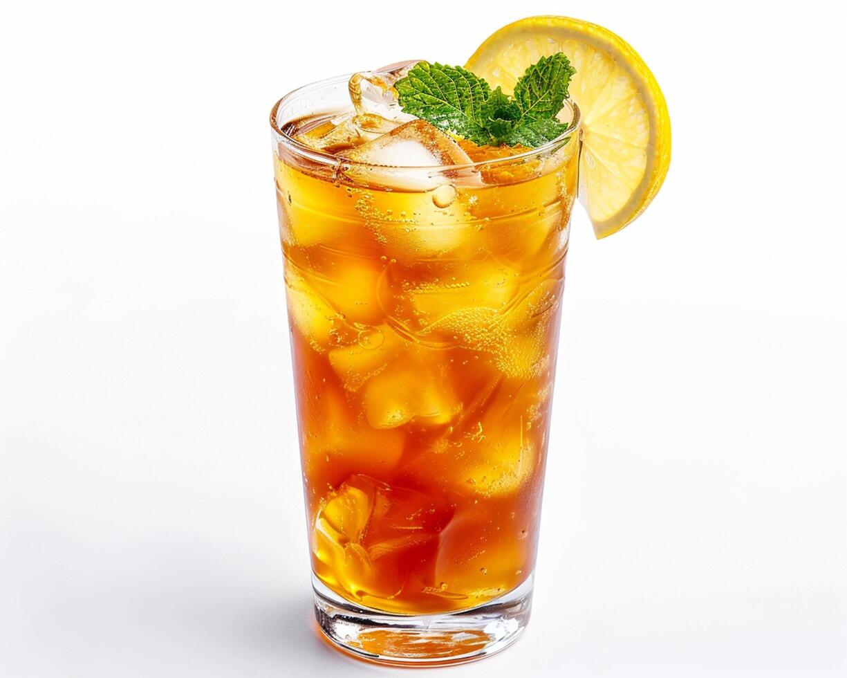 a glass of iced tea with a lemon wedge photo