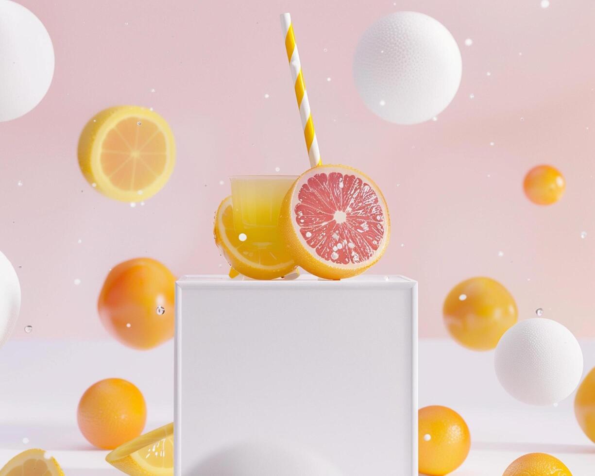 a white box with oranges and lemon slices on it photo