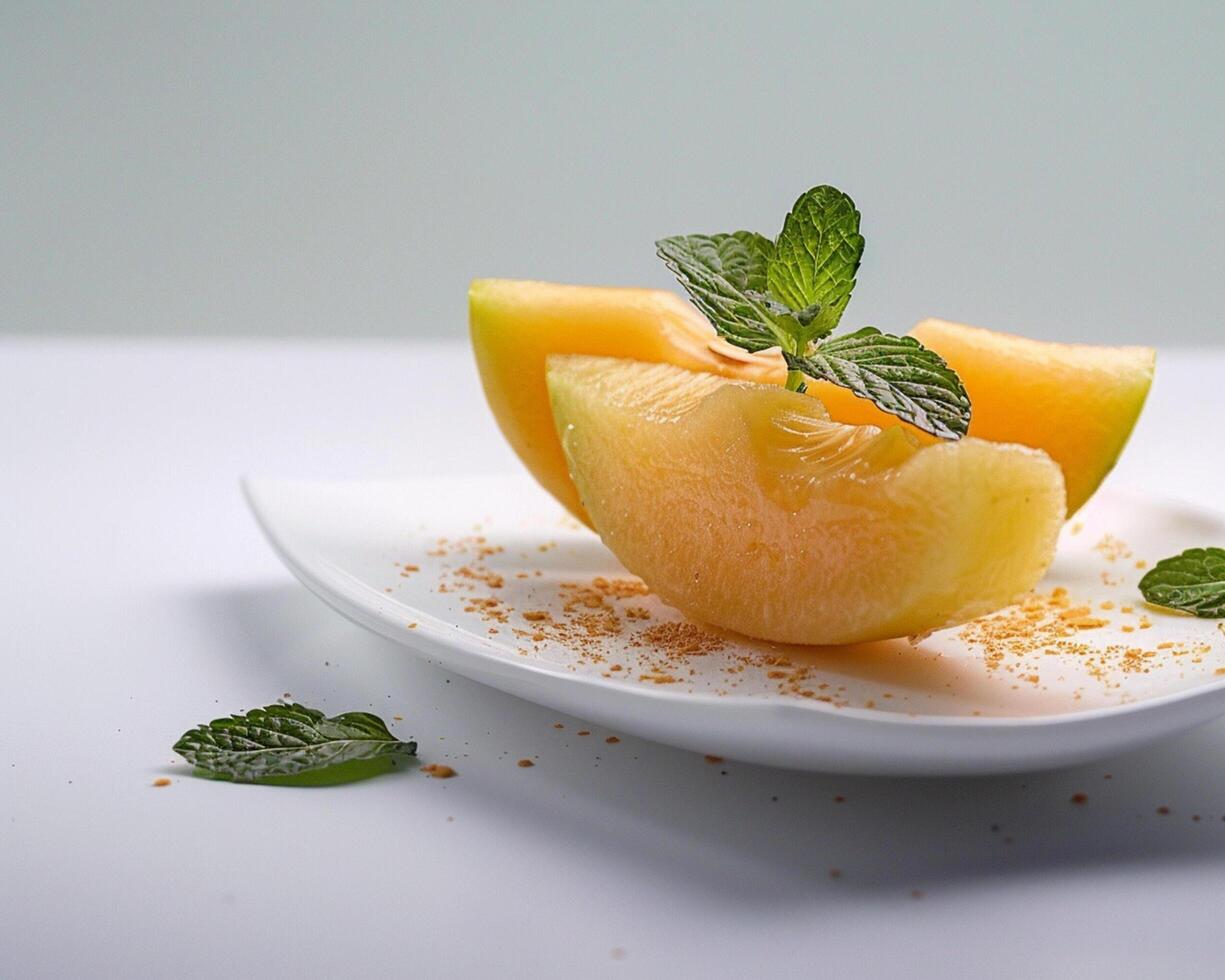 a white plate with a melon and mint on it photo