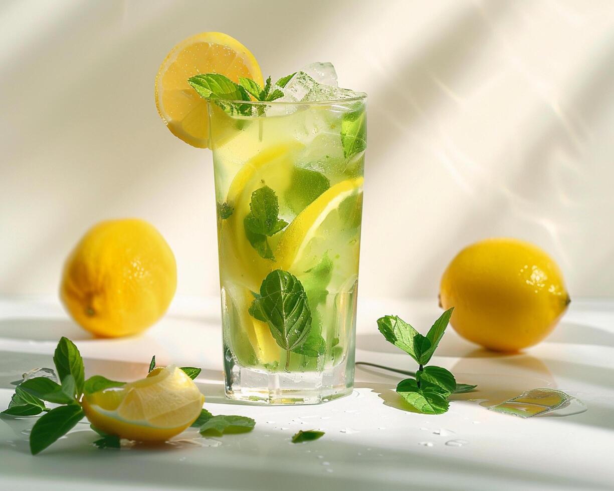 a glass of lemonade with mint leaves and lemons photo