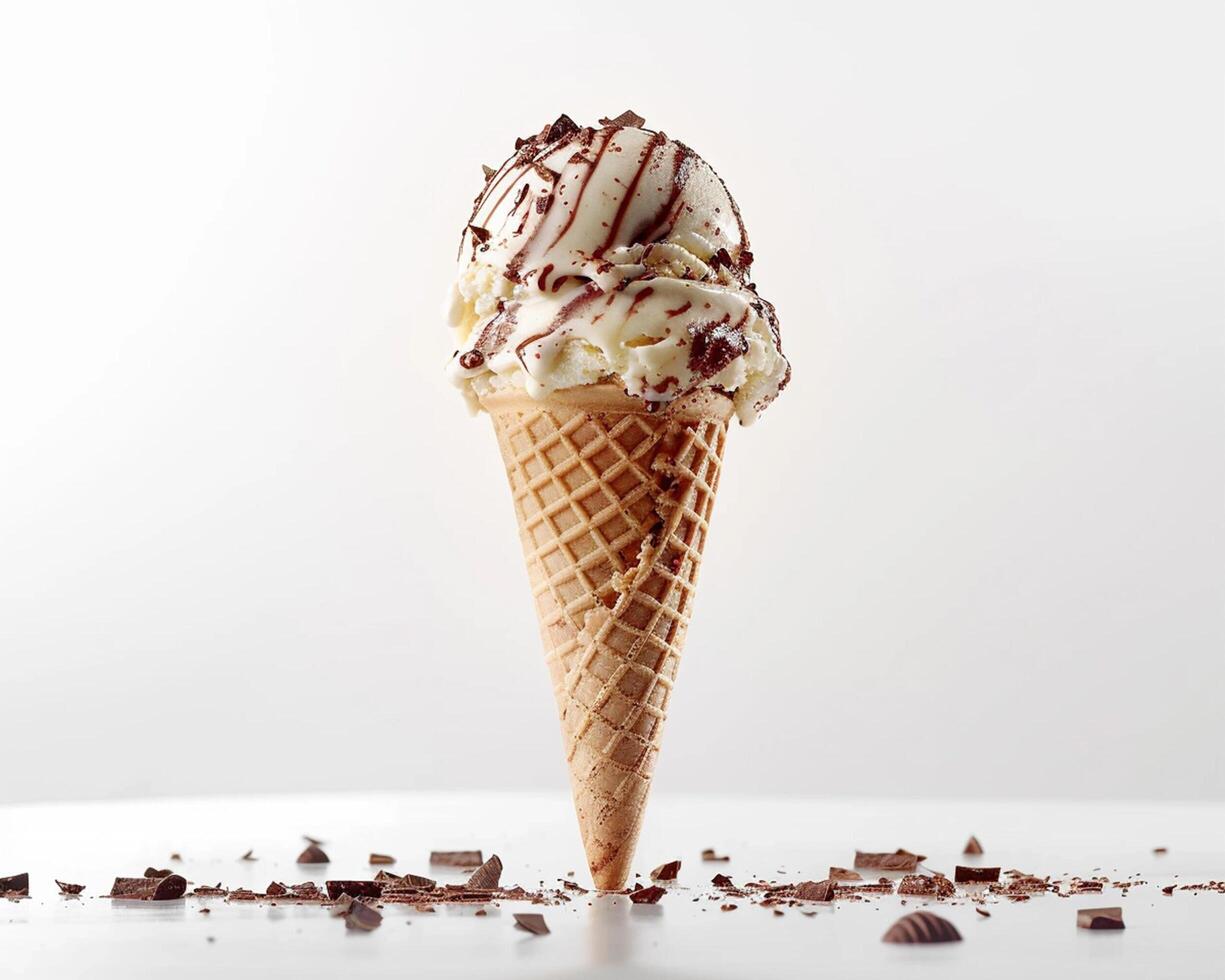 an ice cream cone with chocolate and whipped cream photo