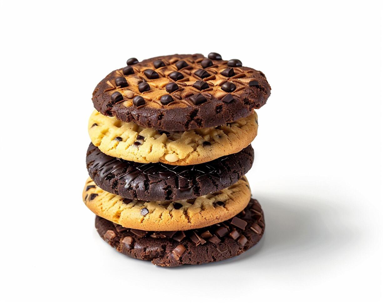a stack of chocolate chip cookies on a white background photo