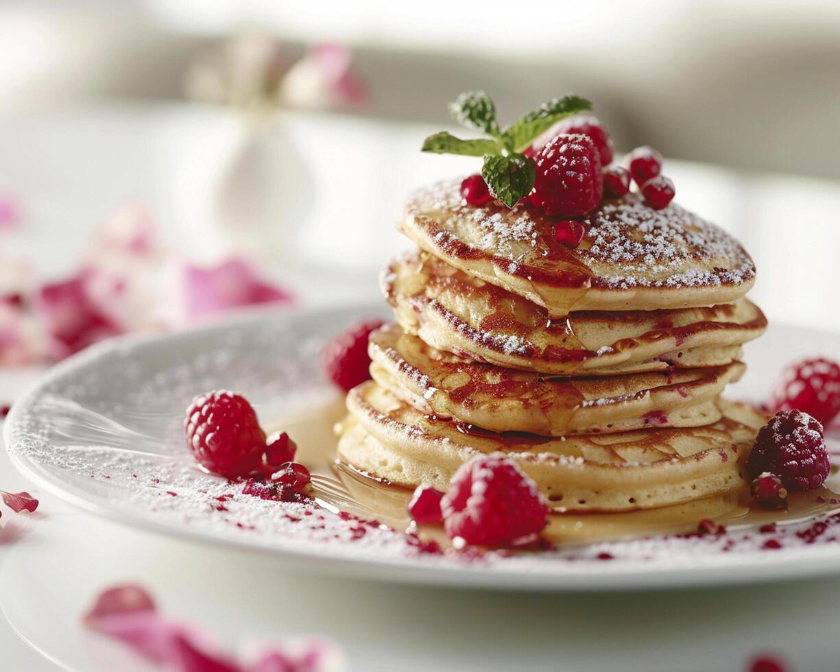 a stack of pancakes with raspberries and syrup photo