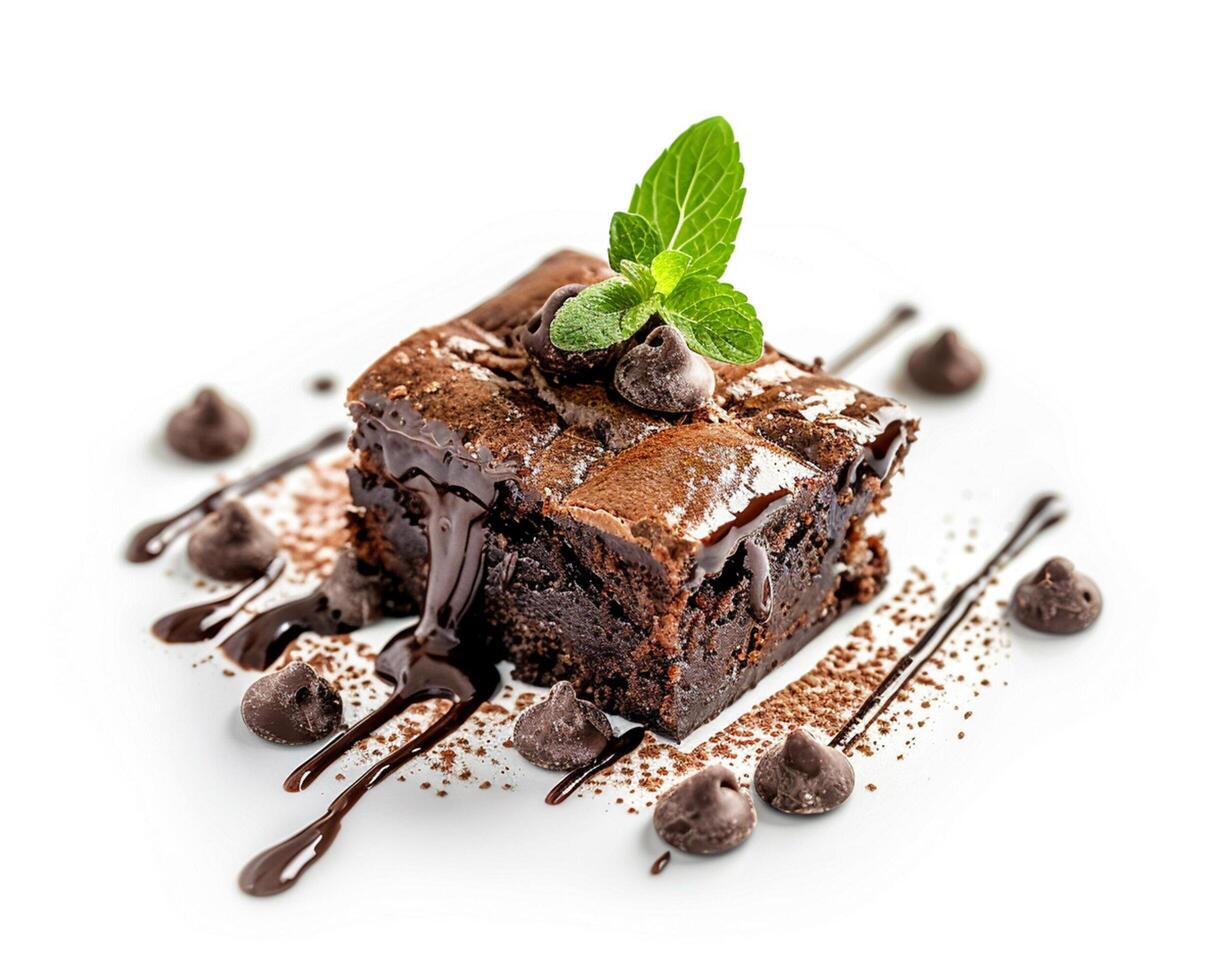 a piece of chocolate brownie with a mint leaf on top photo