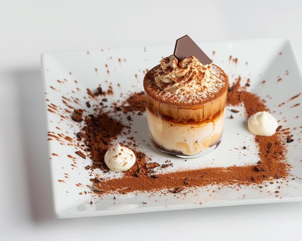 a dessert on a white plate with chocolate and whipped cream photo