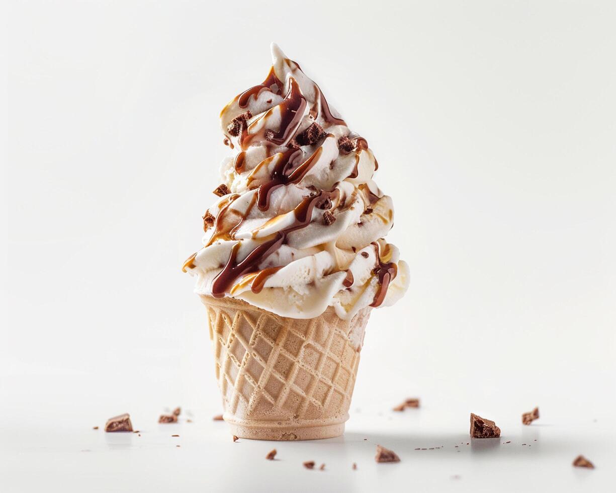 an ice cream cone with chocolate and whipped cream photo