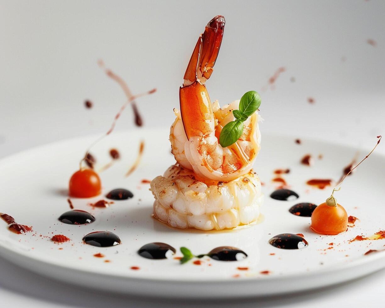 a plate with a shrimp and sauce on it photo