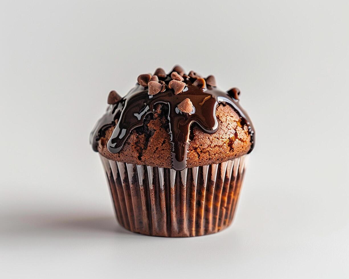 chocolate muffin with chocolate icing on white background photo