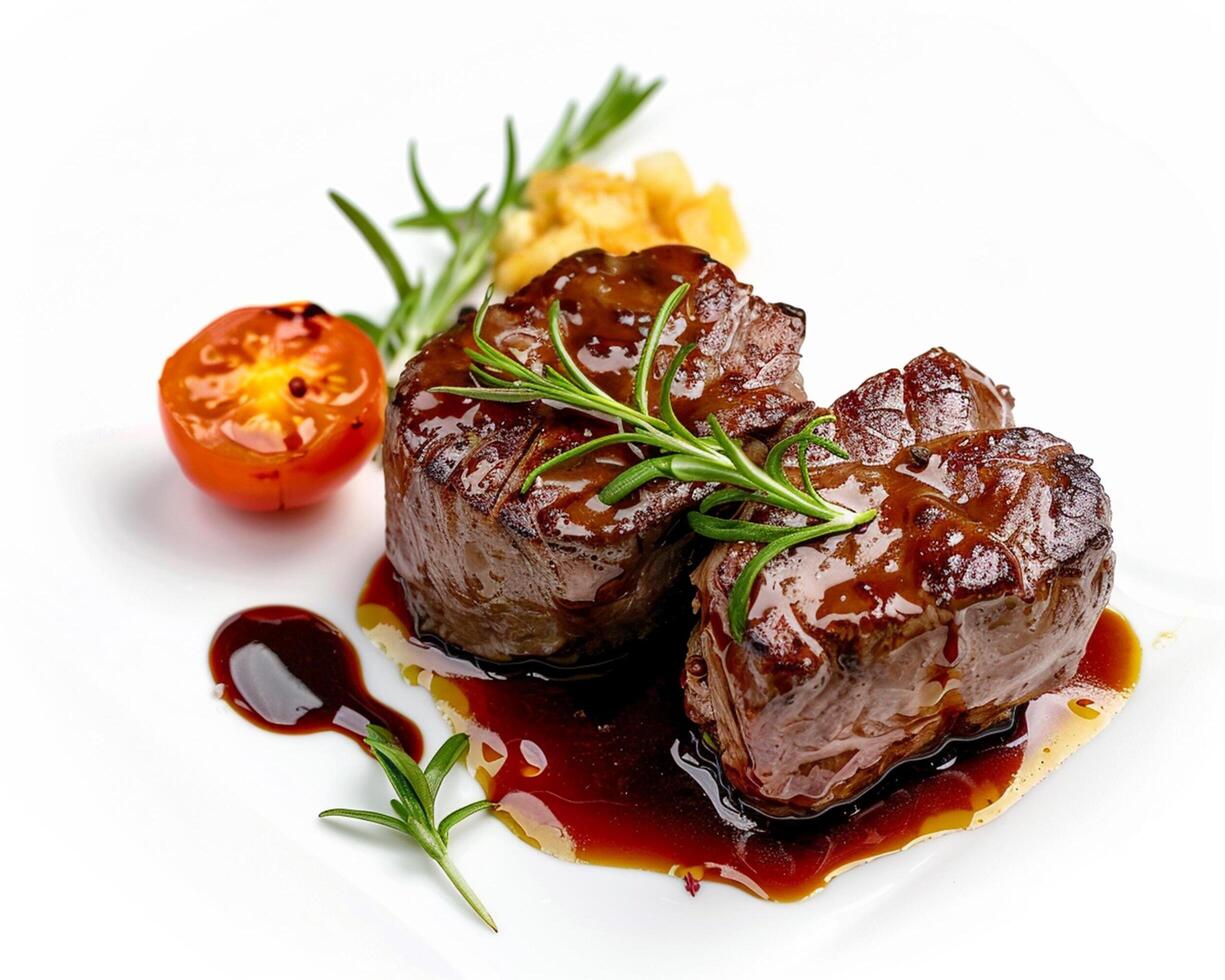 two steaks with sauce and garnish on a white plate photo