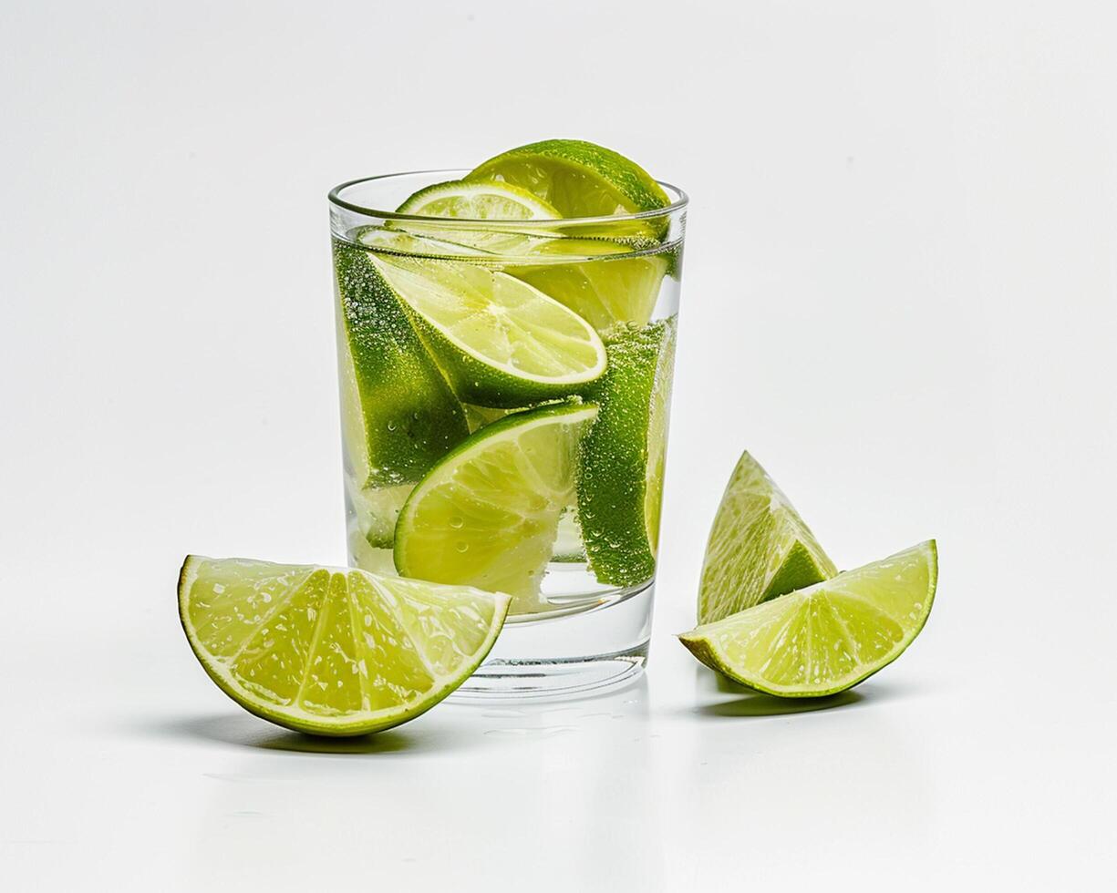 a glass of water with lime slices photo