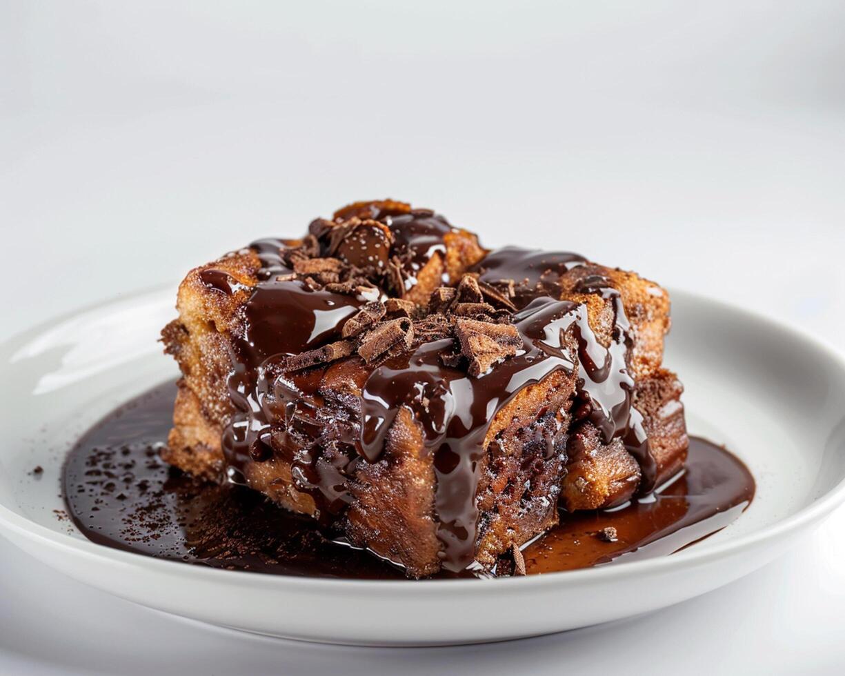 a piece of chocolate covered bread pudding on a plate photo
