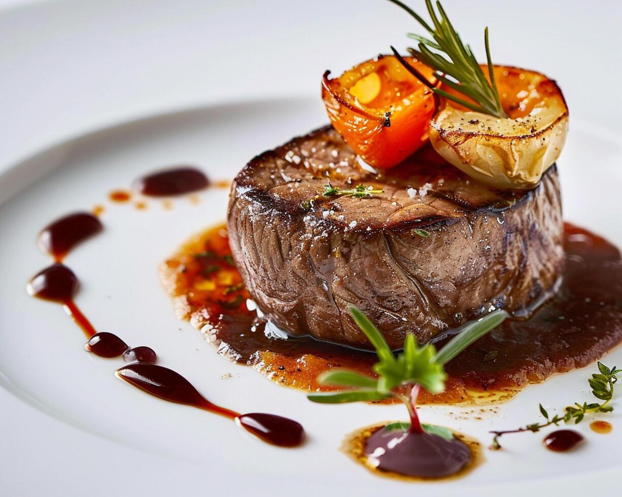 a steak is served on a white plate with sauce photo
