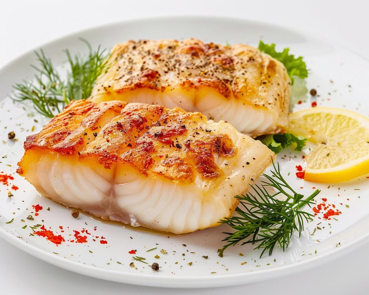 two pieces of fish are on a white plate photo