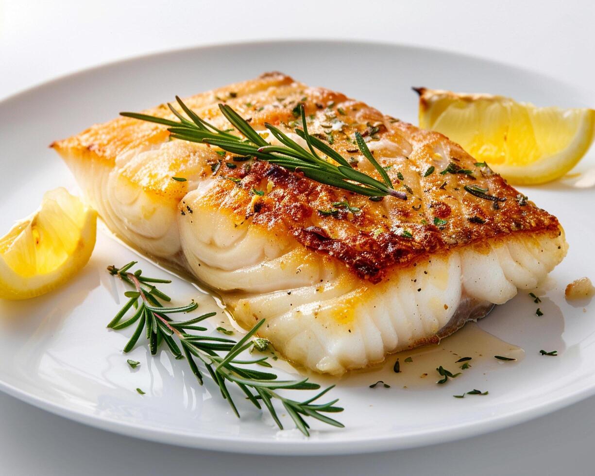a piece of fish with lemon and rosemary photo