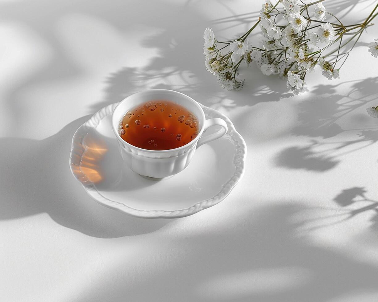 a cup of tea sits on a saucer next to some flowers photo