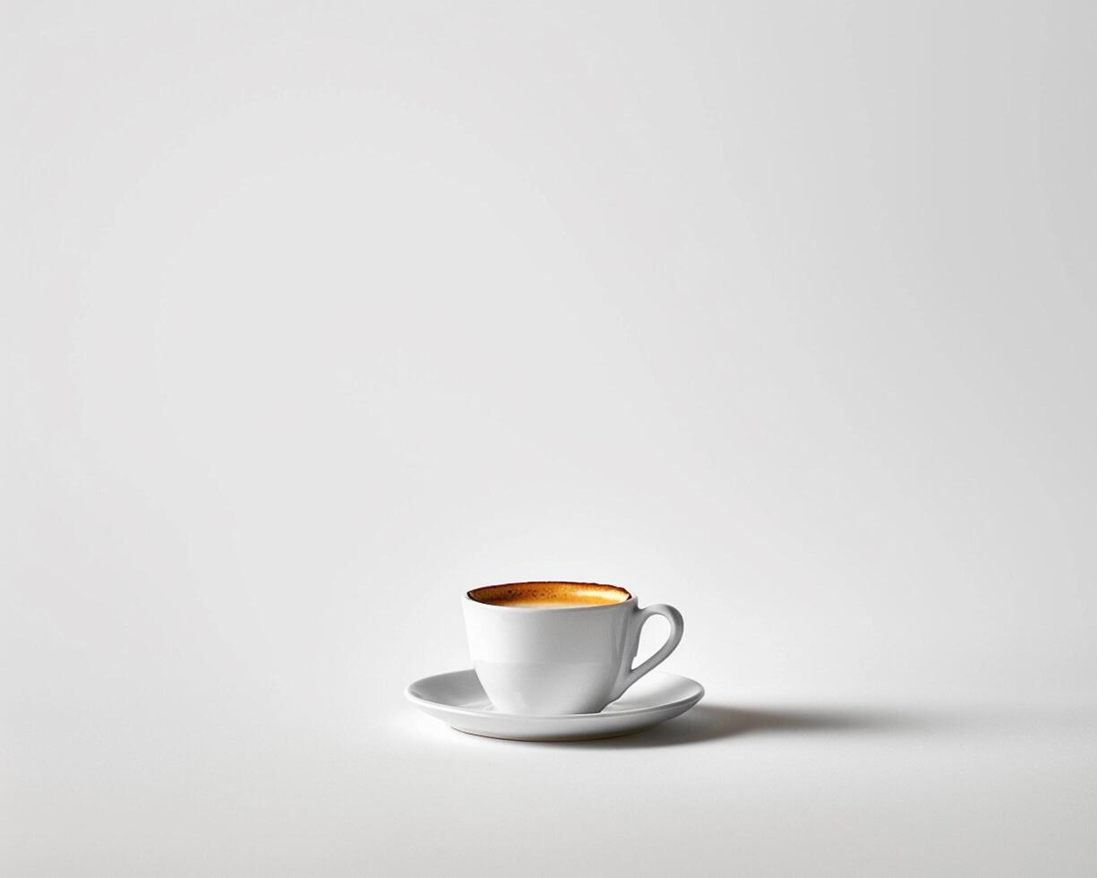a white cup of coffee sits on a table photo