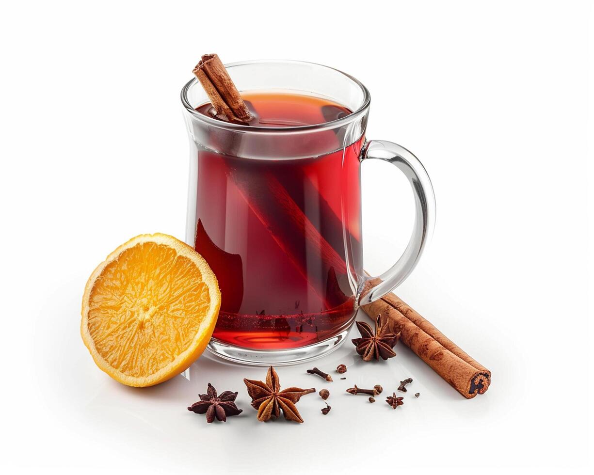 a glass of hot mulled wine with an orange slice and cinnamon photo