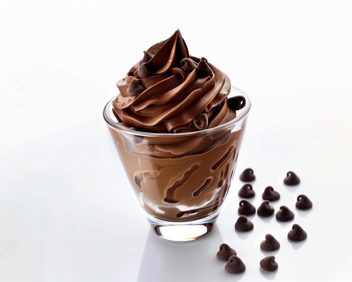 chocolate ice cream in a glass with chocolate chips photo