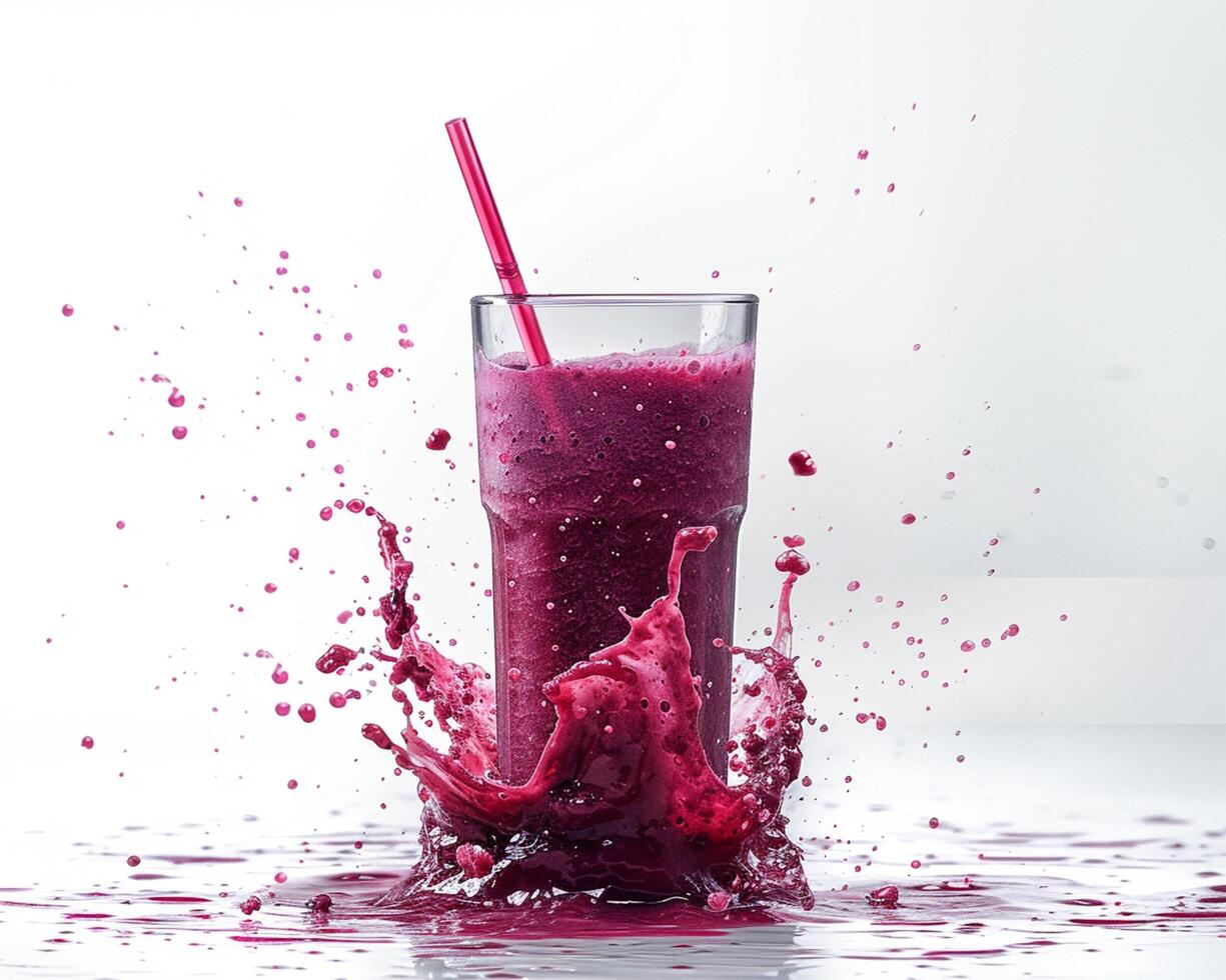a glass of purple liquid splashing on a white surface photo