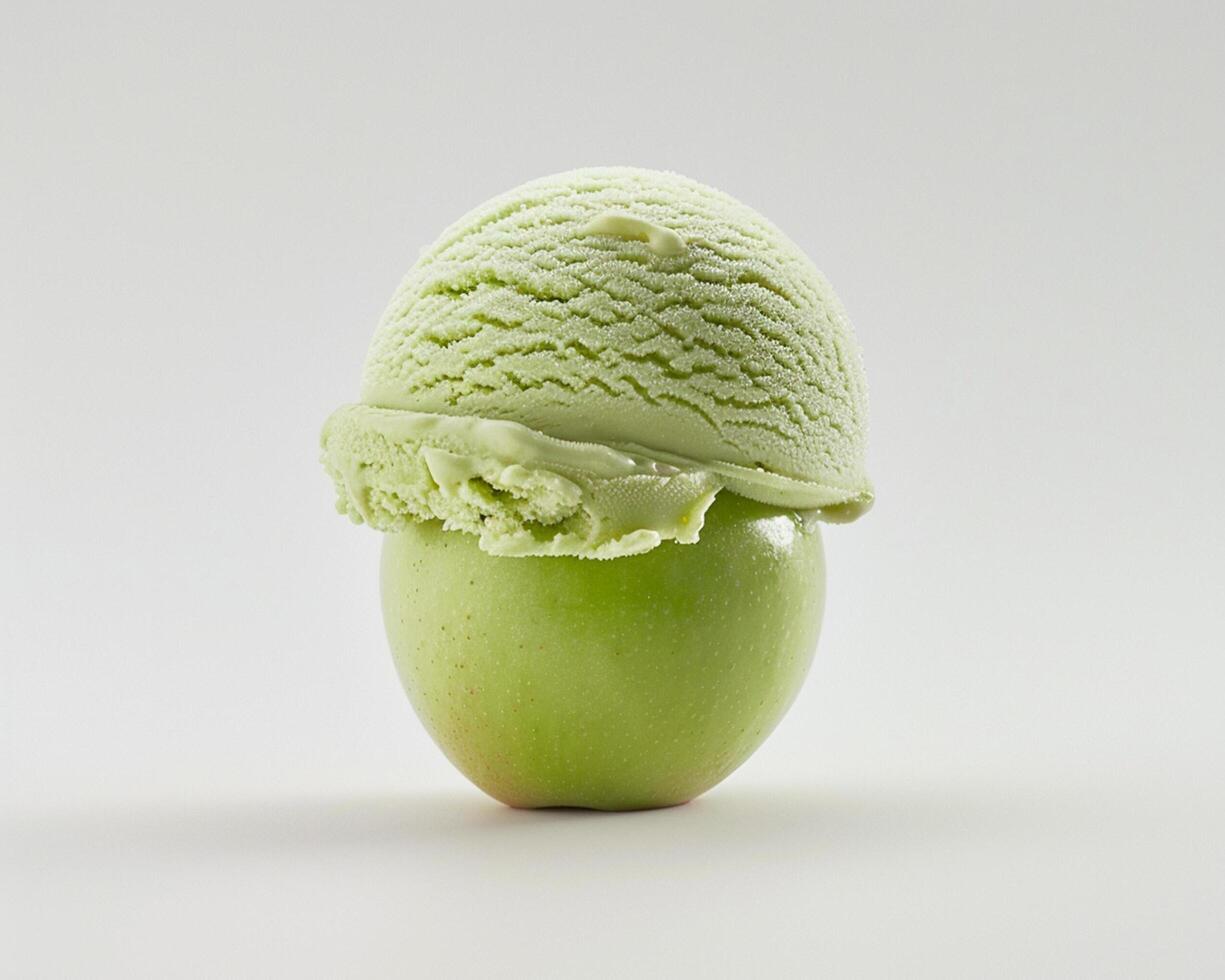 a green apple with ice cream on top photo