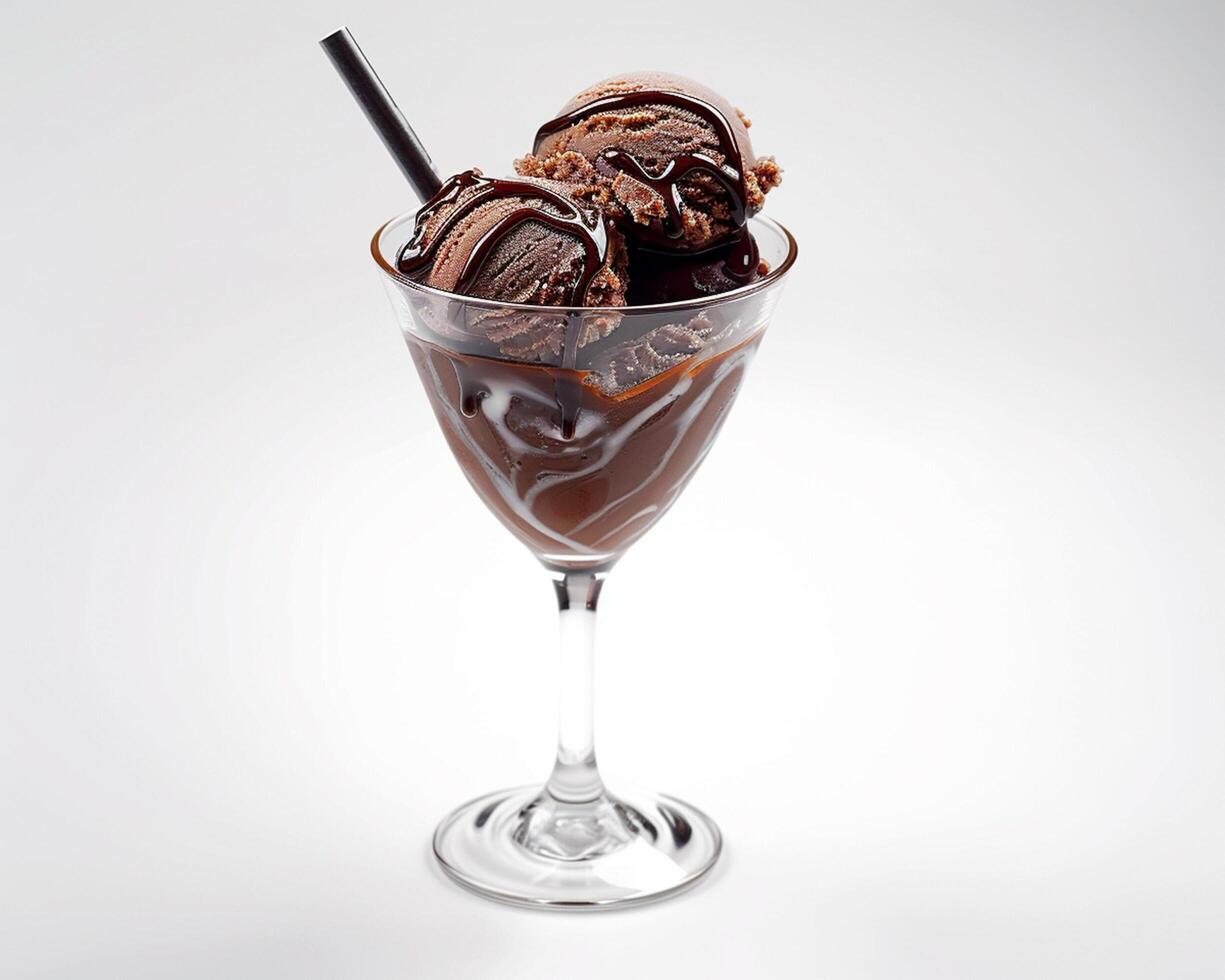 a glass of chocolate ice cream with a straw photo