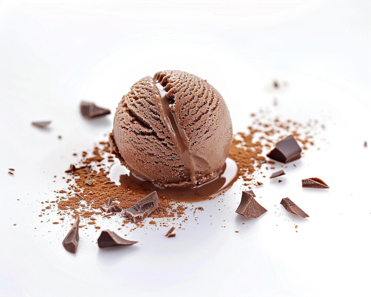 a chocolate ice cream with chocolate chunks on a white background photo