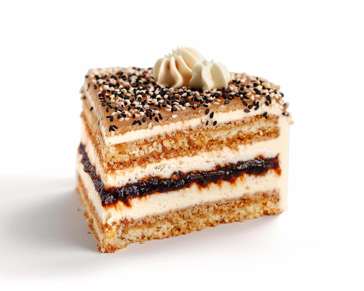 a piece of cake with cream and chocolate on top photo