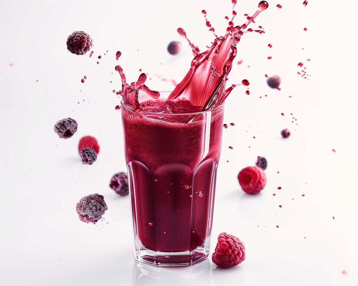 a glass of raspberry juice with a splash of red liquid photo