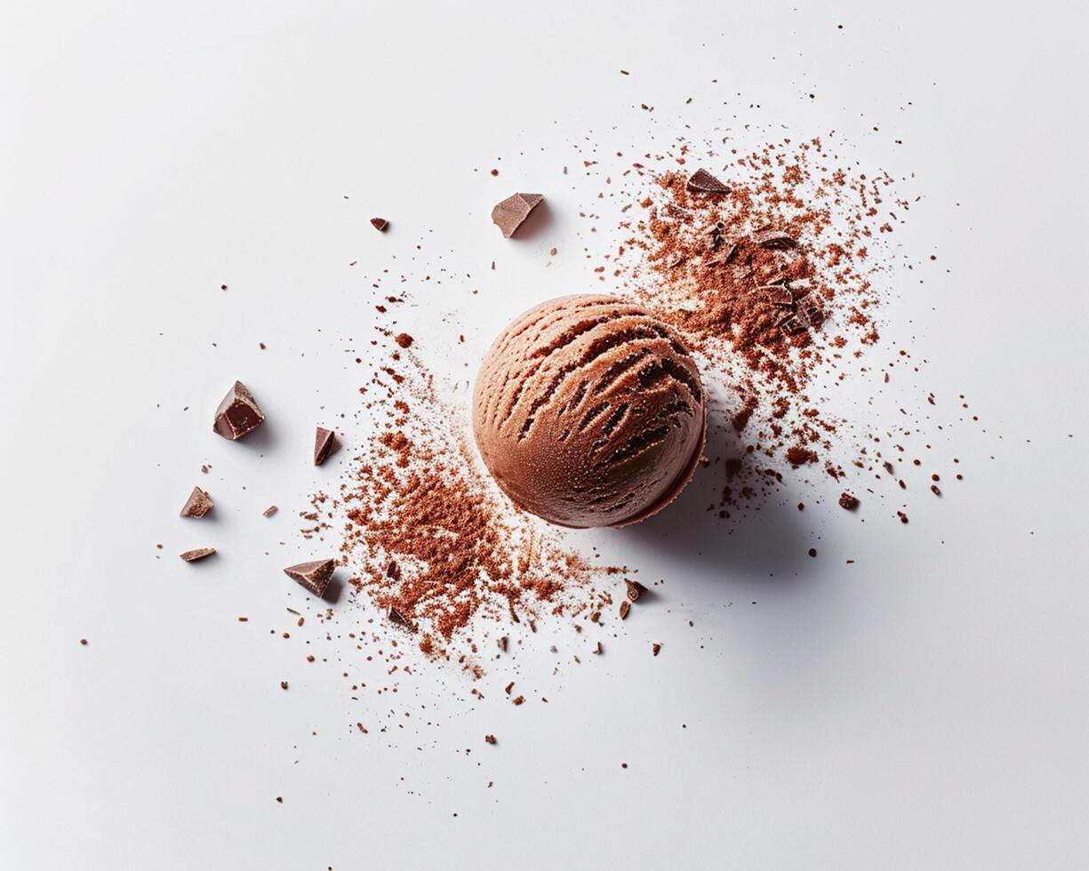 chocolate ice cream with scattered chocolate pieces on white background photo