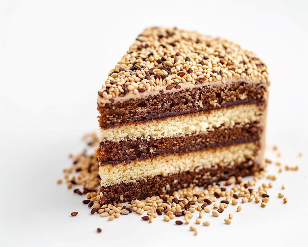 a piece of cake with chocolate frosting and sprinkles photo