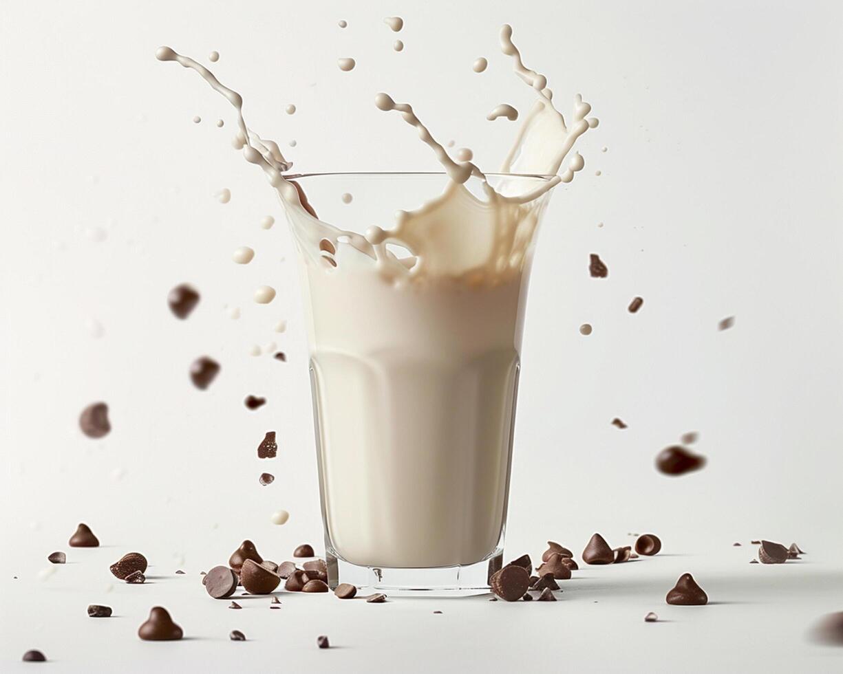 a glass of milk with chocolate chips falling into it photo