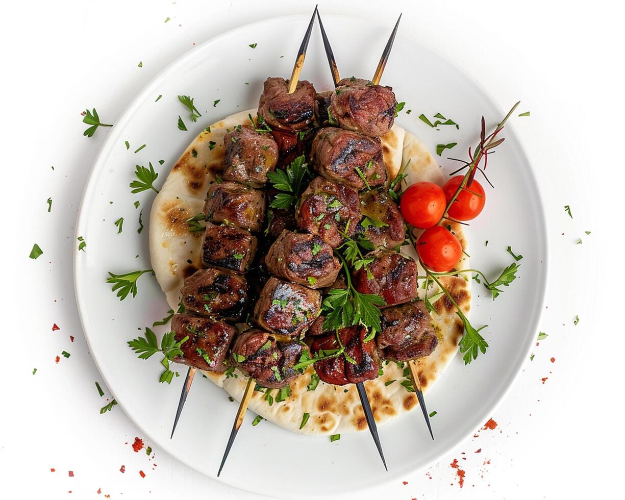 a plate with meat skewers and tomatoes photo