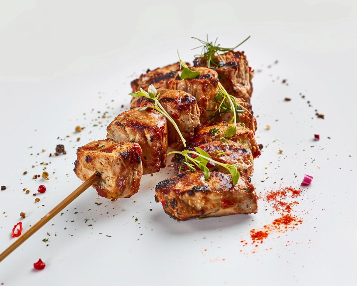 a skewer of meat on a white plate photo
