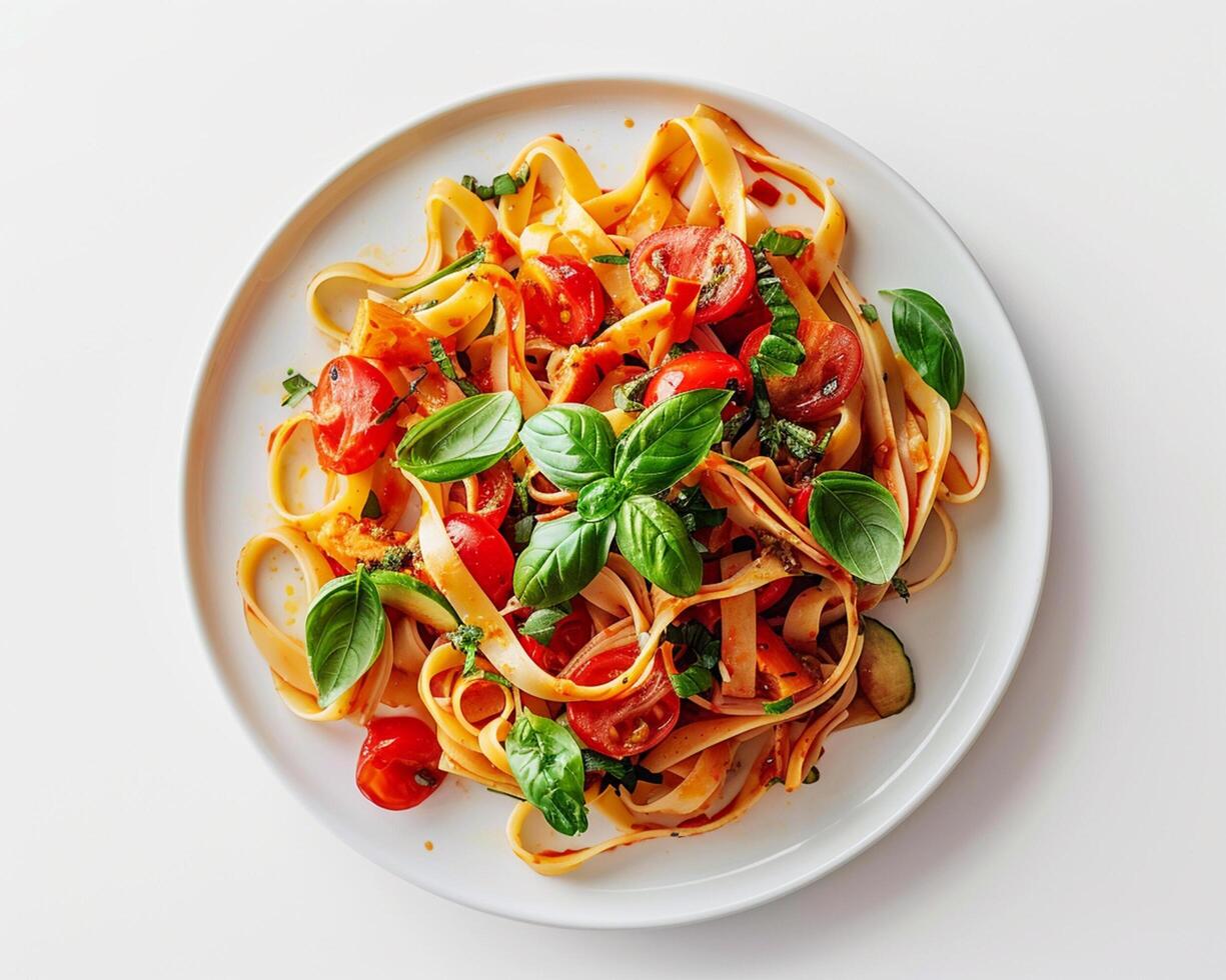 pasta with tomato and basil on white plate photo