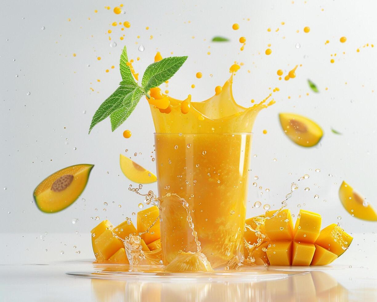 a glass of mango juice is splashing with water photo