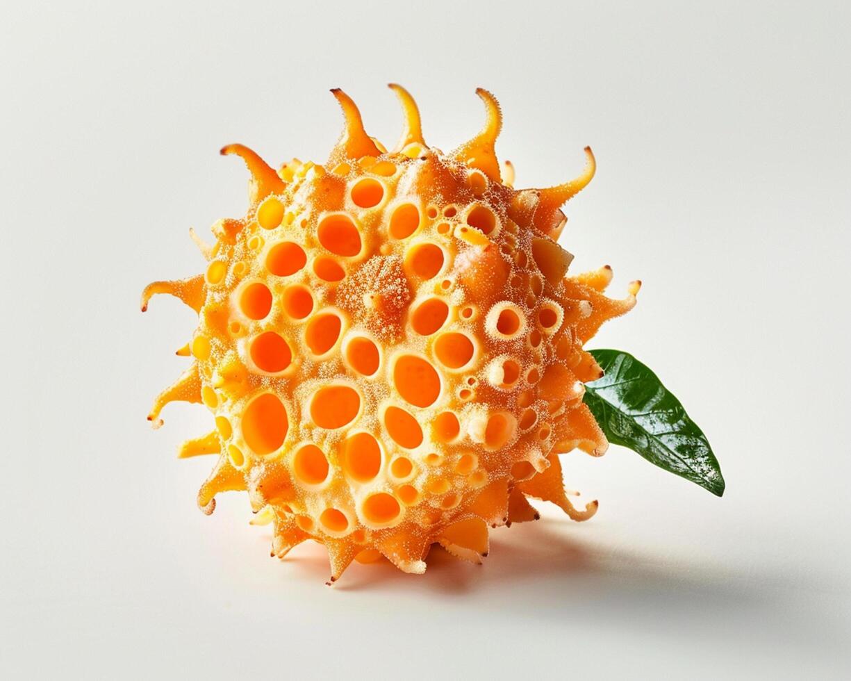 a close up of a fruit with holes in it photo