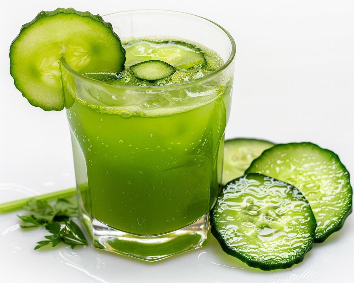 a glass of green juice with cucumber slices photo