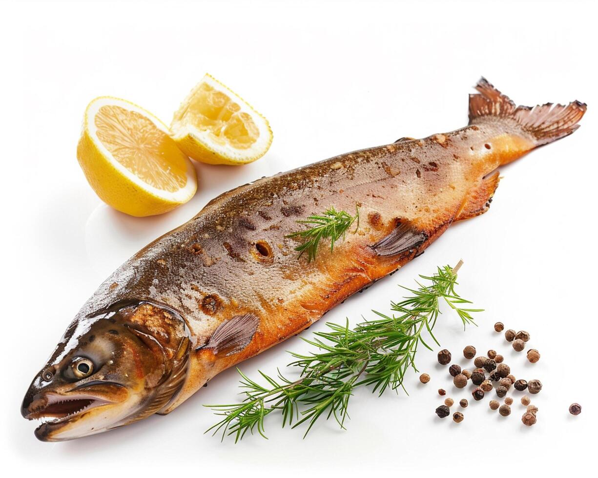 a fish with lemon and herbs on a white background photo