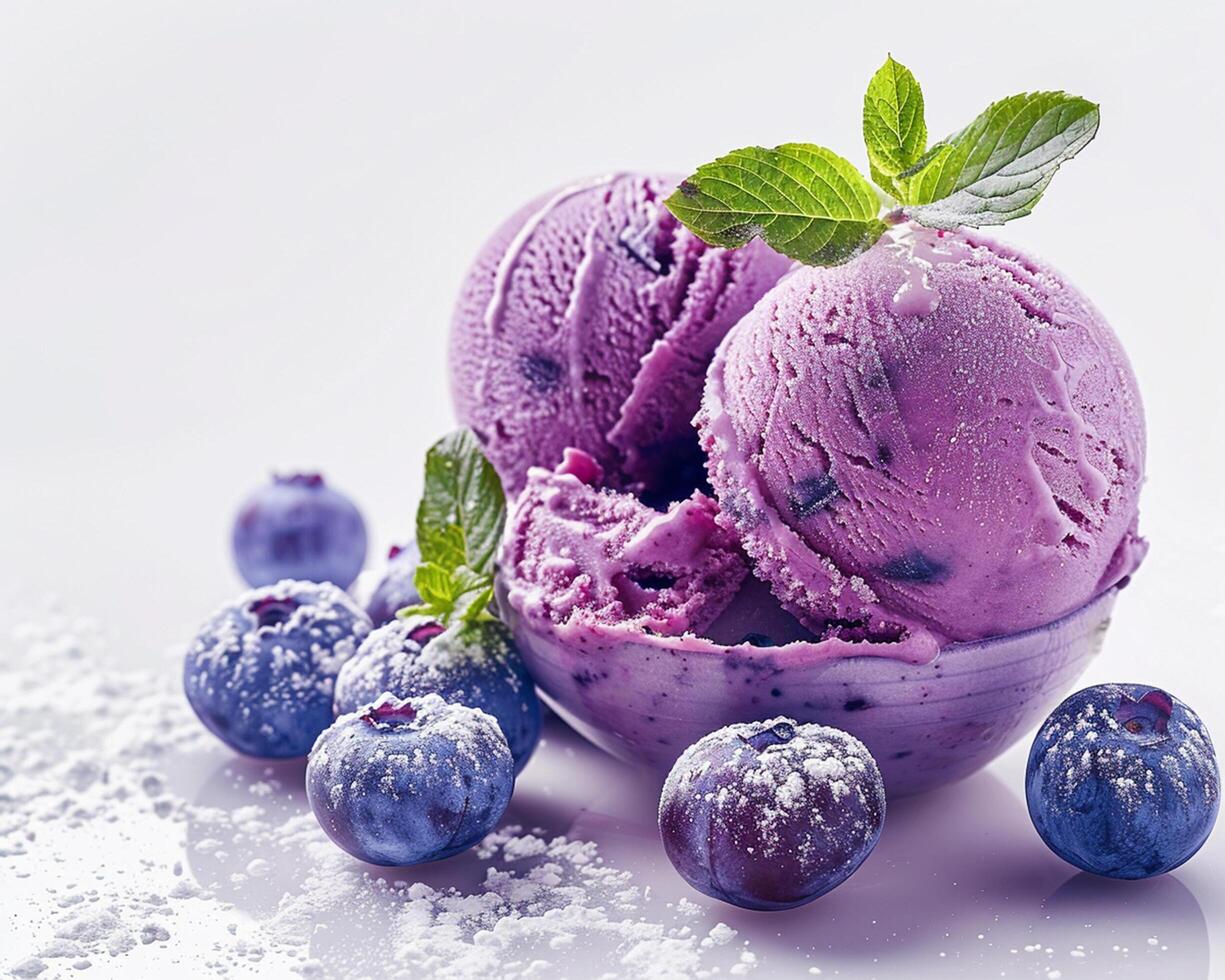 a bowl of ice cream with blueberries photo