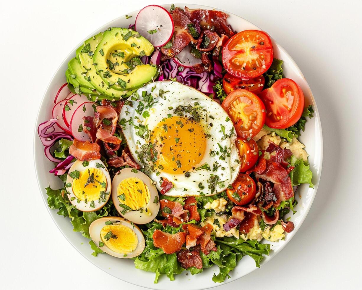 a salad with eggs, bacon, avocado and tomatoes photo