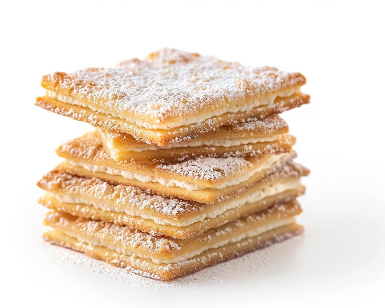 a stack of sugar cookies with powdered sugar on top photo