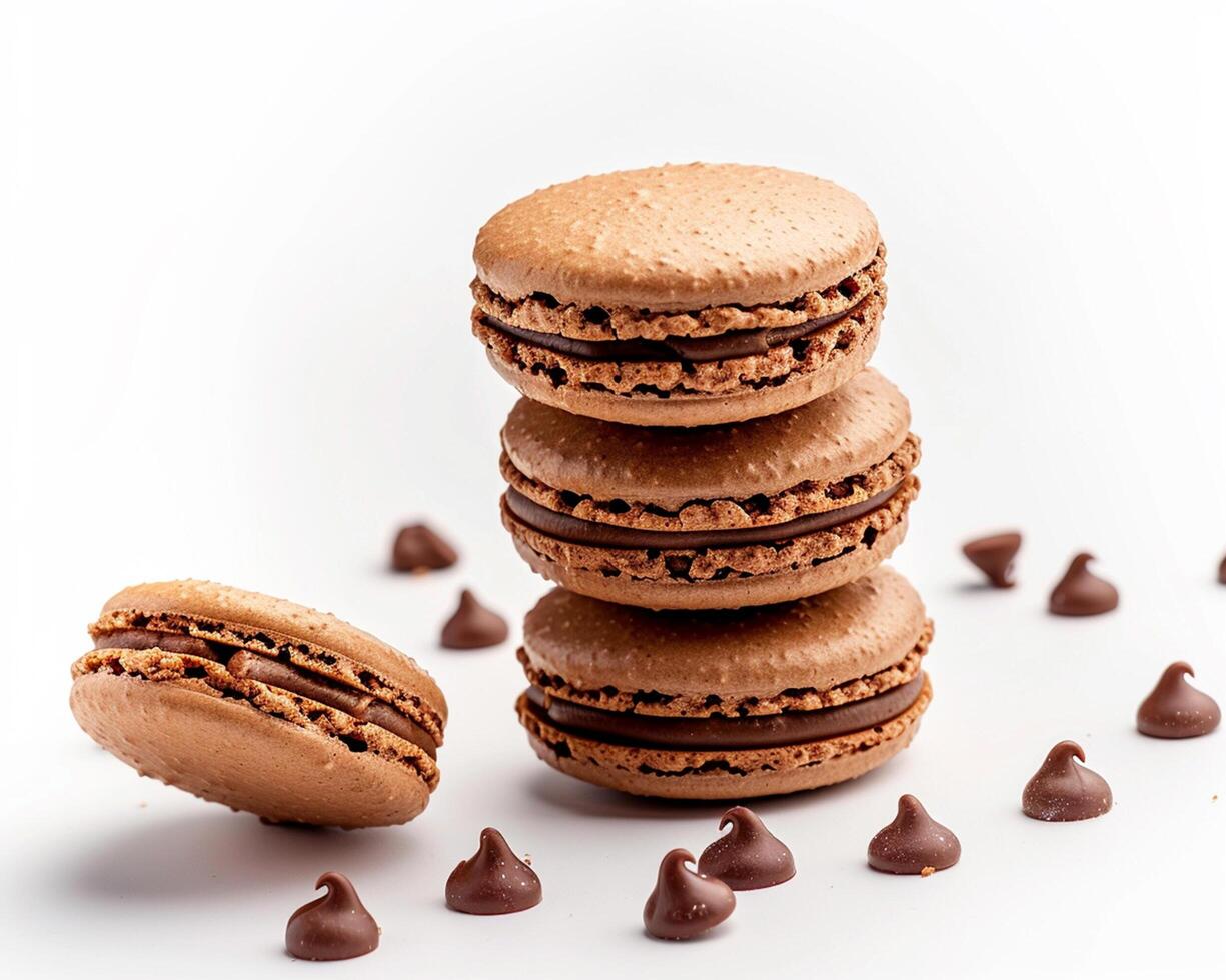 a stack of macarons with chocolate chips scattered around photo