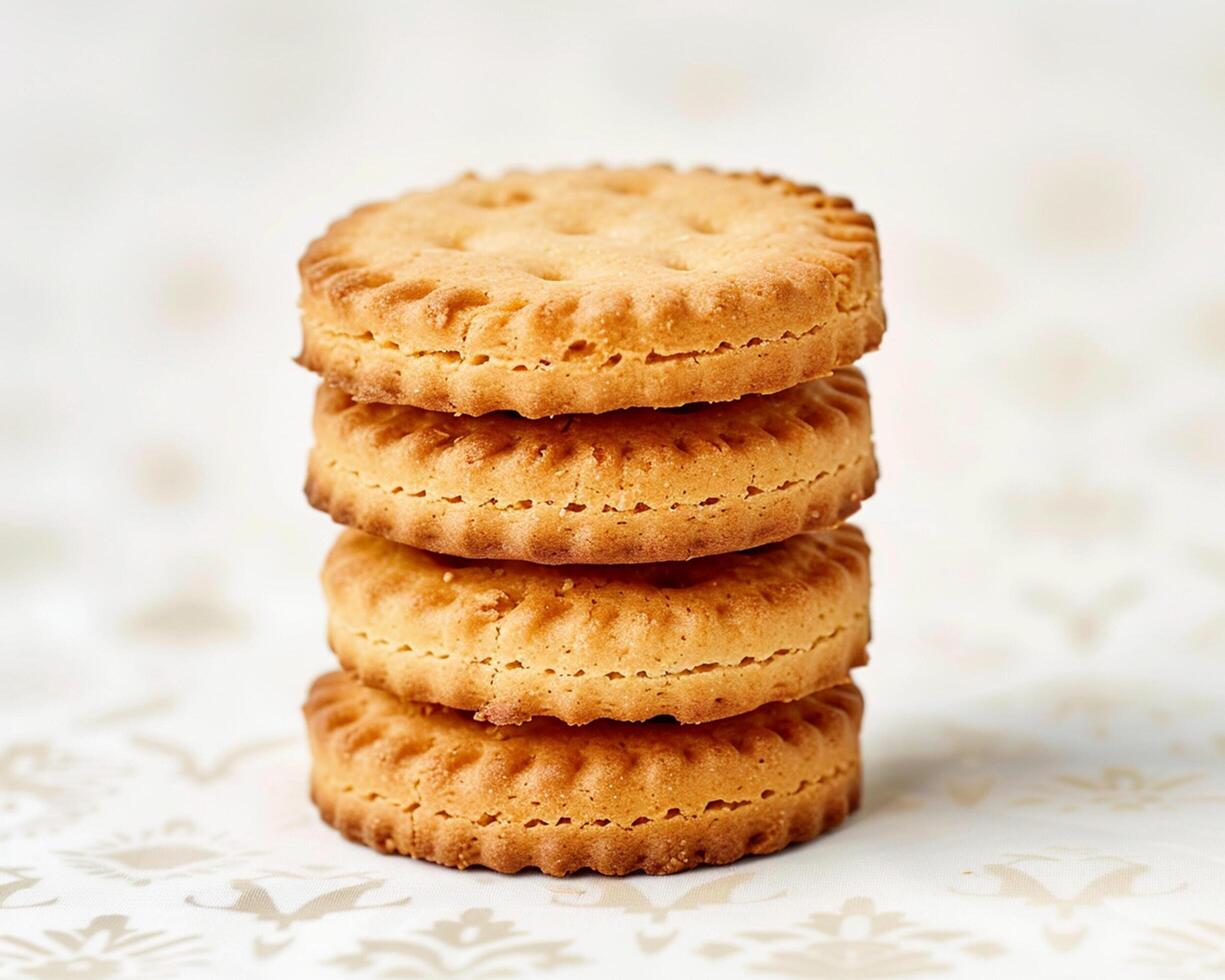 a stack of three biscuits sitting on top of a floral patterned tablecloth photo