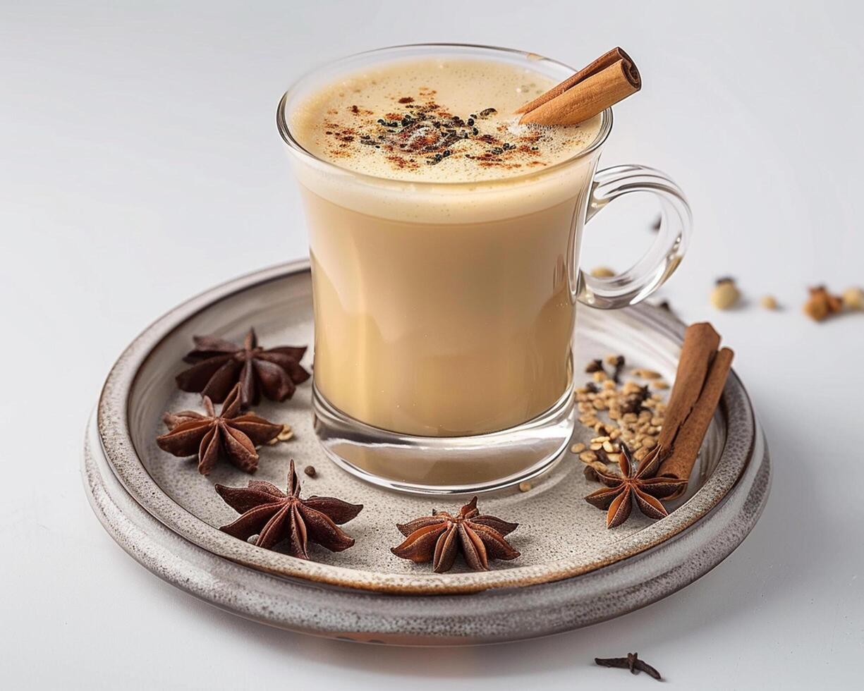 a glass of hot drink with cinnamon and anise photo