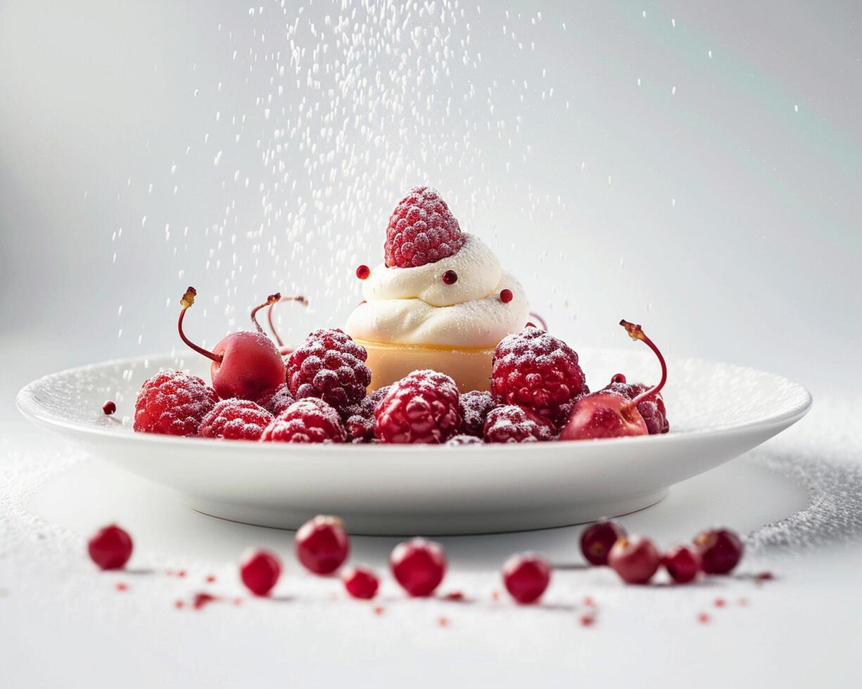 a dessert with whipped cream and berries on a white plate photo