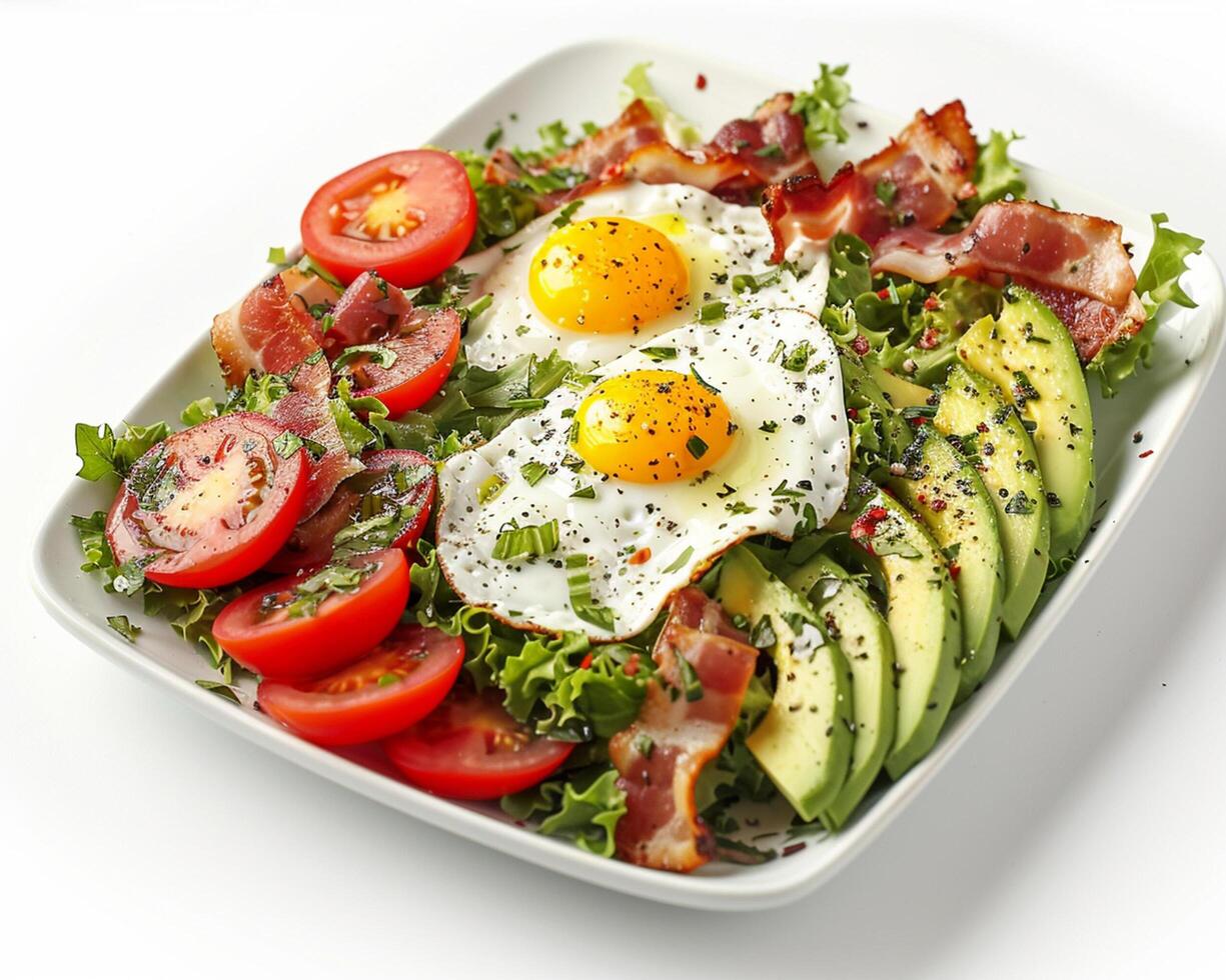 a plate of food with an egg, bacon, and tomatoes photo