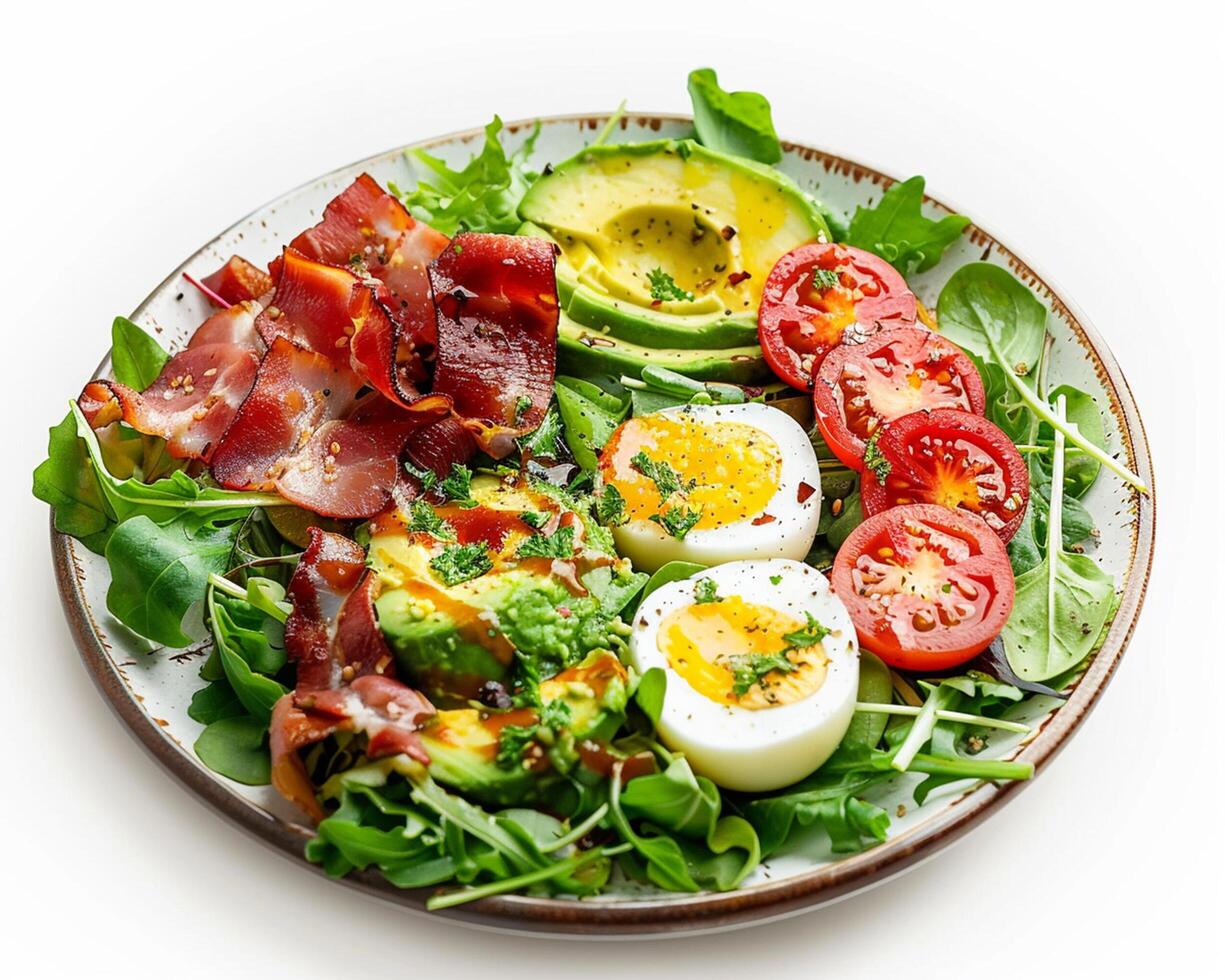 a plate with an egg, bacon, avocado and tomatoes photo