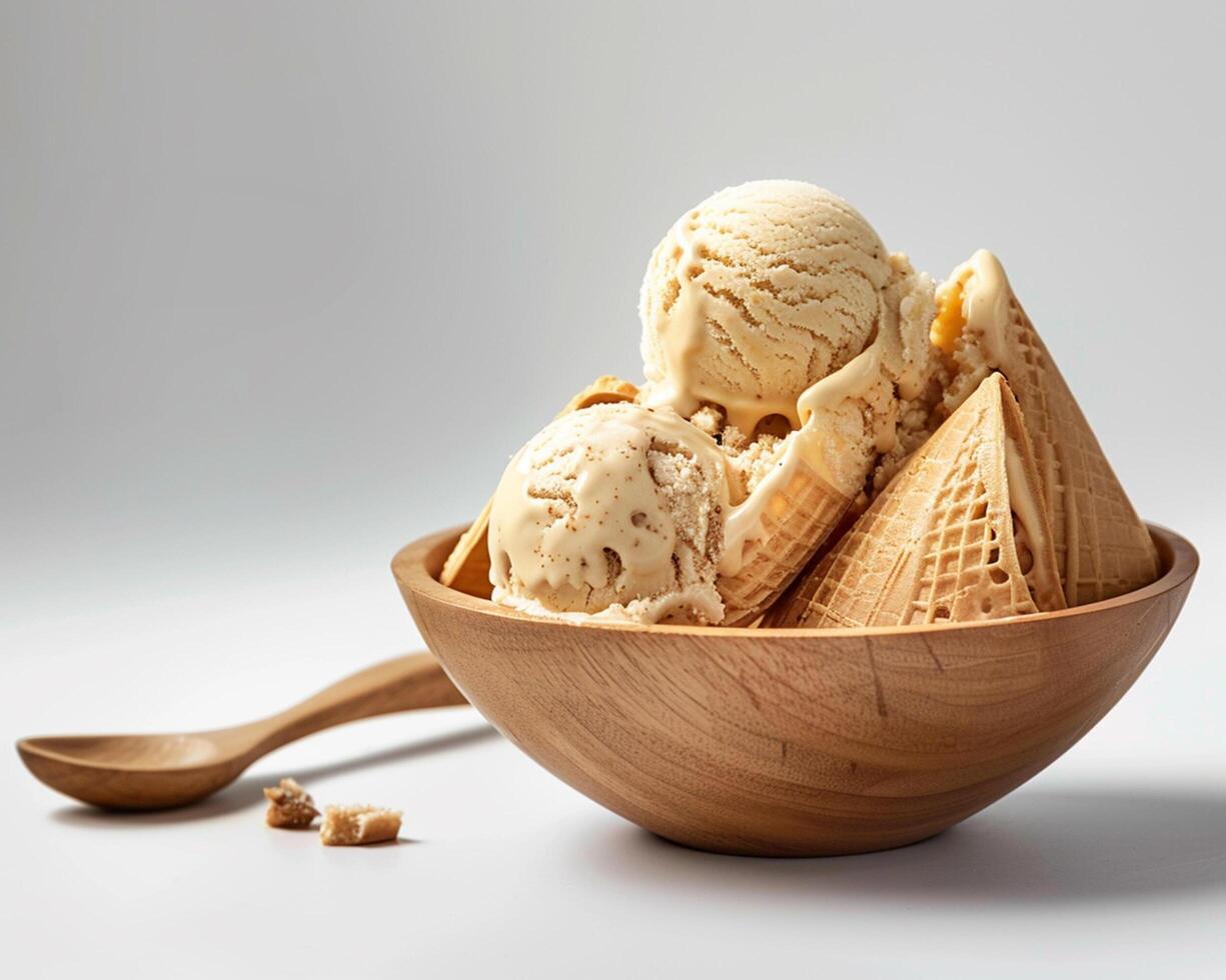 a bowl of ice cream with scoops of ice cream photo