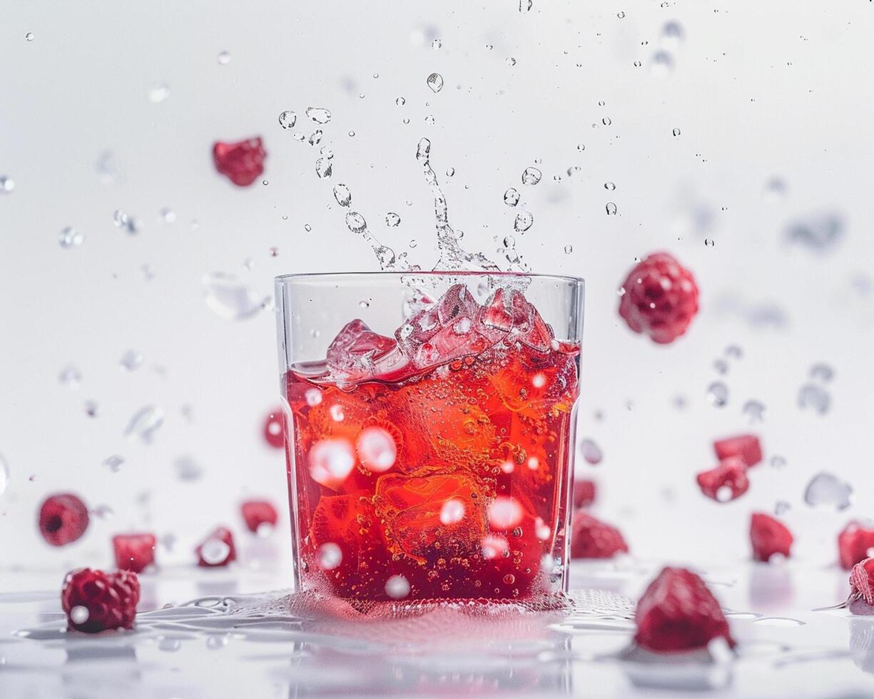 a glass of raspberry juice with water splashing on it photo