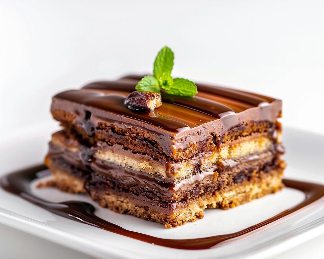 a piece of chocolate cake with a mint leaf on top photo
